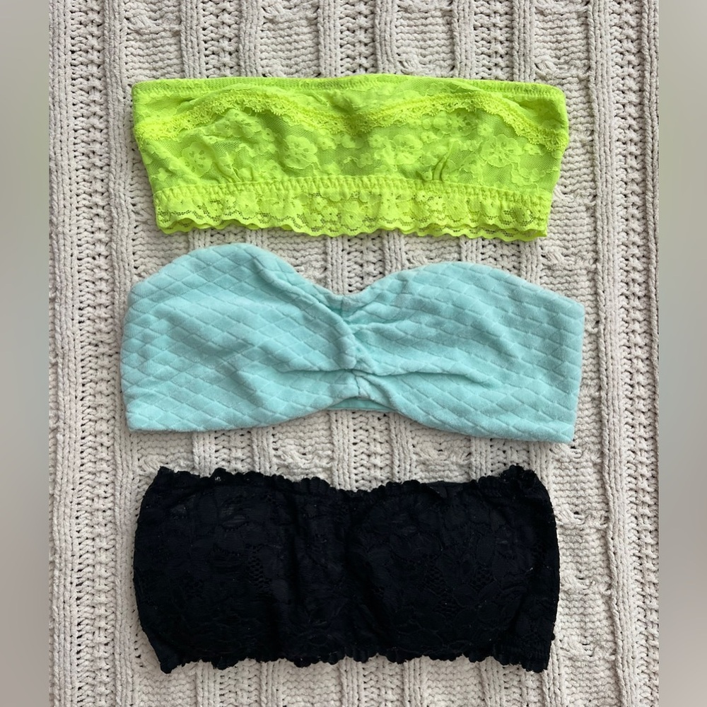 EUC (3) strapless bralettes, neon yellow/green, black, seafoam green, size xs/s